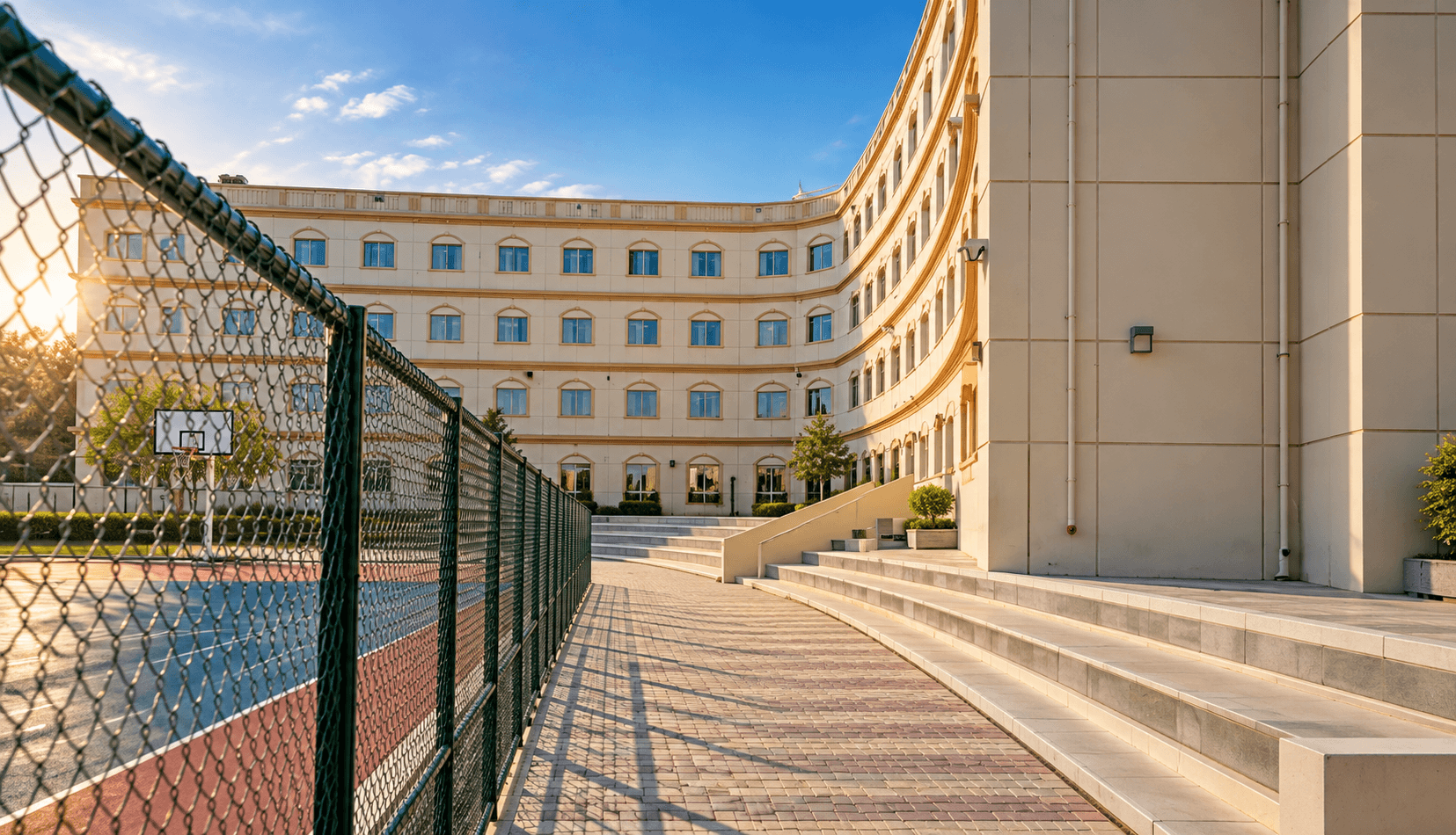 Exterior of Indian School Al Maabela campus in Oman after painting and finishing works by GHARNUQ LLC